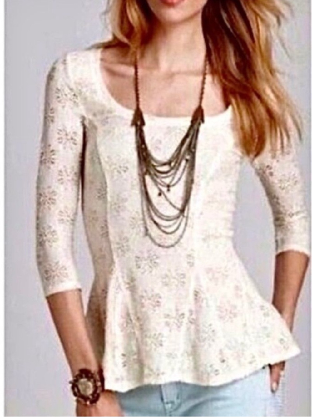 Free People Godet Daisy Cream Lace Peplum Top - Picture 4 of 6